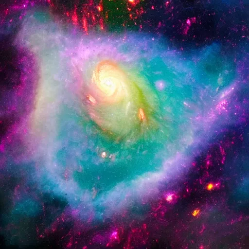 Prompt: An otherworldly scene with swirling galaxies and colorful nebulaes