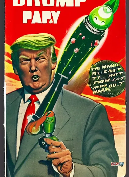 Image similar to 5 0 s sci fi pulp magazine cover of donald trump on mars pointing a ray gun to evil green martians, rocket on the background, by norman rockwell, by drew struzan, high res