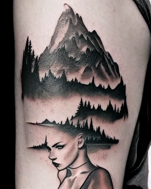 Prompt: surrealist double exposure effect tattoo design sketch of megan fox with beautiful mountains, realism tattoo, in the style of andrey lukovnikov, amazing detail, sharp