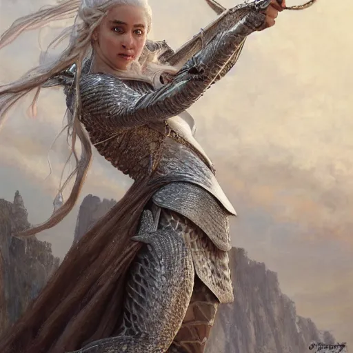 Prompt: A painting of Daenerys Targaryen wearing a intricate silver armor and holding Excalibur ,by by Stanley Artgerm Lau, Greg Rutkowski, Thomas Kinade ,Alphonse Mucha, Loish, Norman Rockwell ,trending on artstation , rule of thirds ,HD 4k , focus face , body