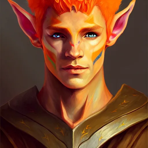 Image similar to portrait painting of an elven eladrin young man with short light orange hair and tribal tattoos in his cheekbones wearing fur armor, d & d, rpg, sharp focus, award - winning, trending on artstation, masterpiece, highly detailed, intricate. art by josan gonzales and moebius and deathburger