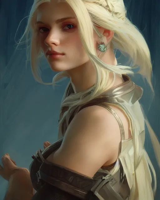 Image similar to '' Portrait of Beautiful blonde Slavic woman, league of legends, LOL, fantasy, d&d, digital painting, artstation, concept art, sharp focus, illustration, art by greg rutkowski and alphonse mucha ''