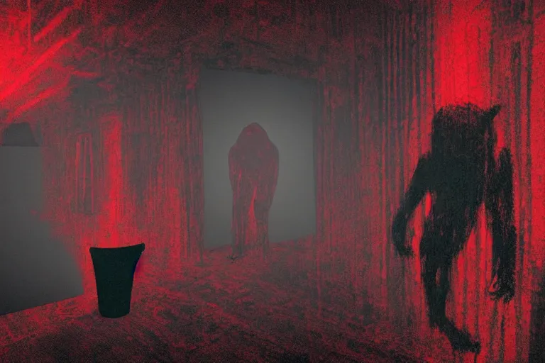 Image similar to cctv of an extremely dark empty room with evil horror humanoid cryptid monster made out of static, dark deep black shadows, crimson red and black color contrast in the style of trevor henderson and james ensor goya, liminal space, 3 d render, glitch effect