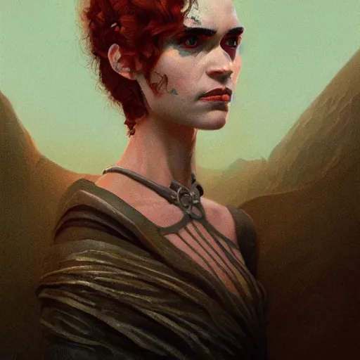 Image similar to Portrait of Grimes (Met Gala 2021) in Dune 1984, illustrated by Greg Rutkowski, trending on artstation, artstationHQ, artstationHD, 4k, 8k