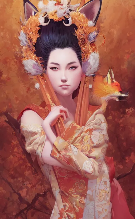 Image similar to An beautiful digital painting of a woman with fox ears and nine tails wearing a kimono, by Stanley Artgerm Lau, WLOP, Rossdraws, James Jean, Andrei Riabovitchev, Marc Simonetti, and Sakimichan, trending on artstation
