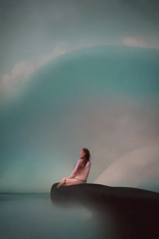 Image similar to high quality pastel coloured film close up wide angle photograph of a model wearing clothing swimming on cloud furniture in a icelandic black rock!! environment in a partially haze filled dreamstate world. three point light, rainbow. photographic production. art directed. pastel colours. volumetric clouds. pastel gradient overlay. waves glitch artefacts. extreme facial clarity. 8 k. filmic.