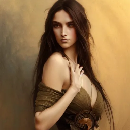 Prompt: Australian Supermodel, olive skin, long dark hair, beautiful bone structure, intricate, elegant, highly detailed, digital painting, artstation, concept art, smooth, sharp focus, illustration, art by artgerm and greg rutkowski and alphonse mucha