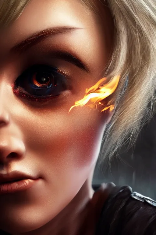 Prompt: young blonde woman playing with fire coming out of her eyes, cyberpunk, realistic, high definition, many details, dramatic scene, symmetrical face, realistic eyes, unreal engine art 5