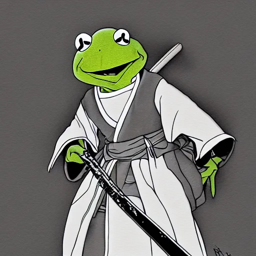 Image similar to Kermit the frog as an anime samurai, style of afro samurai, Key Frame, Top rated of pixiv, High Detail, Medium Shot, Dusk