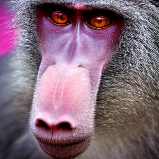 Prompt: a baboon, pink background, award - winning photography