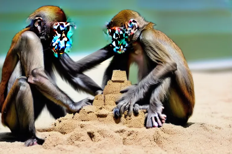 Image similar to a monkey touching a completed sand castle