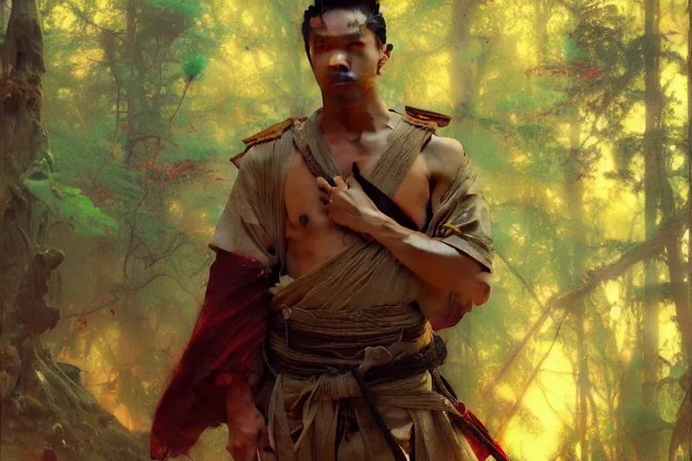 Image similar to attractive male, ghost of tsushima, colorful, forest, painting by gaston bussiere, craig mullins, j. c. leyendecker, tom of finland