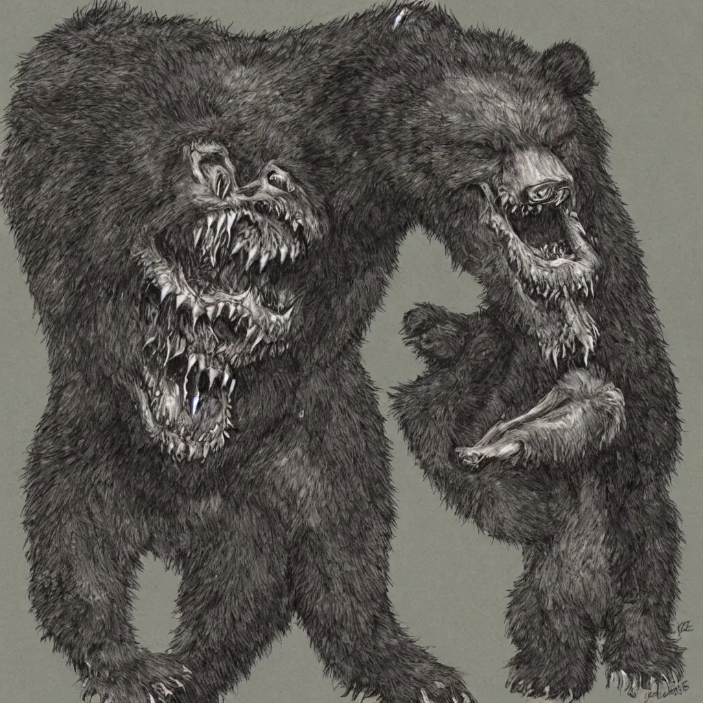 Prompt: horrifying bear creature, fangs, in the style of keith thompson