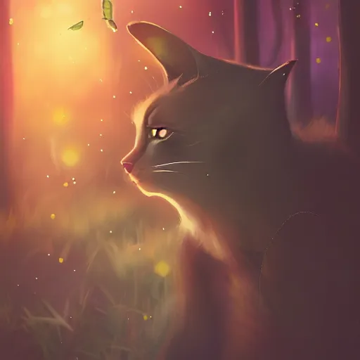 Image similar to portrait of a cat in a forest at night with fireflies, trending on artstation, furry art, by kawacy, night lighting, digital art, dreamy, bokeh