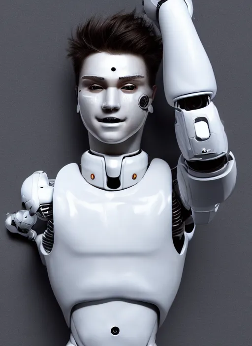 Image similar to portrait of a futuristic blanco ceramic Spanish prince grinning humanoid robot with a handsome face and muscular body reclining, macho, piroca, dotado, guapo, matte surface, trending on cgsociety