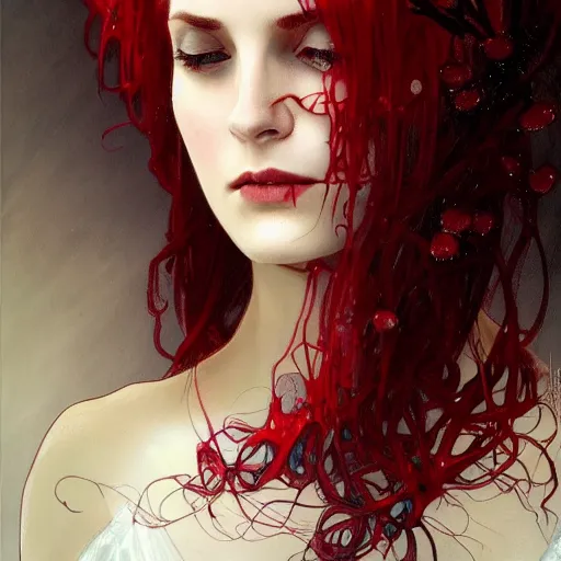 Prompt: portrait of beautiful vampire, rose thorn crown, thorns everywhere, headshot, pale skin, 4k, rule of thirds, extreme detail, detailed drawing, trending artstation, hd, fantasy, D&D, realistic lighting, by Alphonse Mucha, Greg Rutkowski, sharp focus, backlit, bright red hair, closed eyes, realistic, head looking up