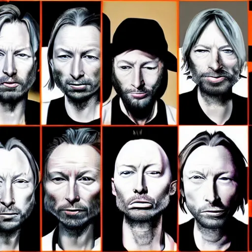 Prompt: versions collage, hyper realistic, many variations of thom yorke, very old, face variations, various emotions, various poses, high quality, brush stroke