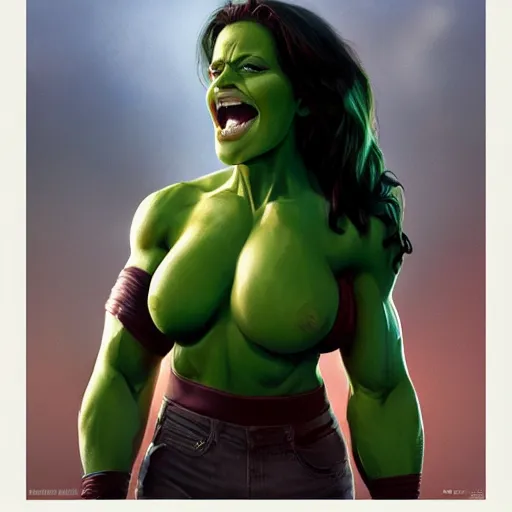 Image similar to she hulk, played by scarlett johannson, beautiful, cinematic, head and shoulders, trending on artstation, digital art, hyper realistic, striking pose, by greg rutkowski