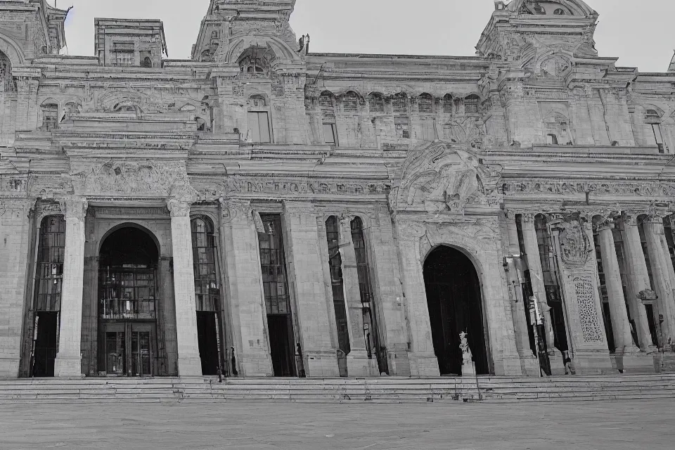 Image similar to a black and white photograph of an enormous building, official courthouse, statues looking down on the gigantic door, Arabic architecture, long shot,