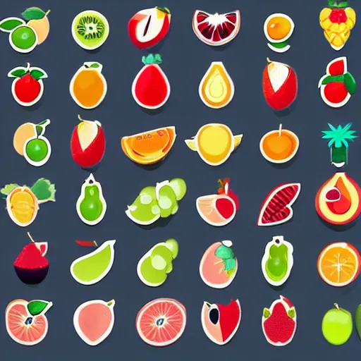 Prompt: a set of cute fruits icons, isolated on white background, stylized, cartoon, high quality, smooth graphics, fine edges,