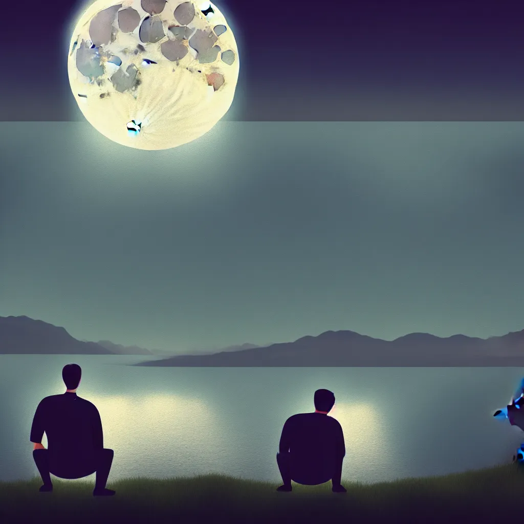 Image similar to a one man siting looking at the moon light in front of the lake, trending on artstation