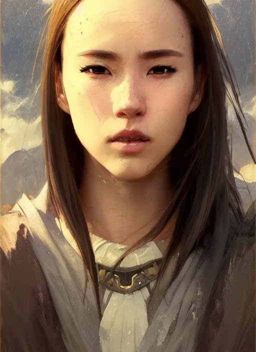 Prompt: portrait of Asuna Yuuki, countryside, fantasy character portrait, dynamic pose, above view, view from above, sunny day, thunder clouds in the sky, artwork by Jeremy Lipkin and Giuseppe Dangelico Pino and Michael Garmash and Rob Rey, very coherent symmetrical artwork, perfect face, simple form, 100mm