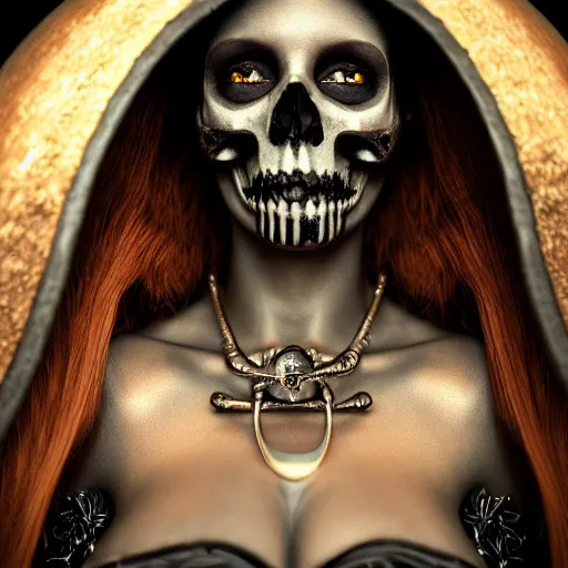 Prompt: cinestill - 5 0 d - candid photographic close - up - portrait, goddess of death, by anne stokes, photorealism, uhd - resolution, rendered in blender, cgi, hyperdetailed