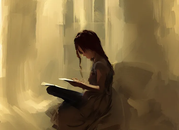 Image similar to a girl reading a book, her hair flowing down, in the style of craig mullins