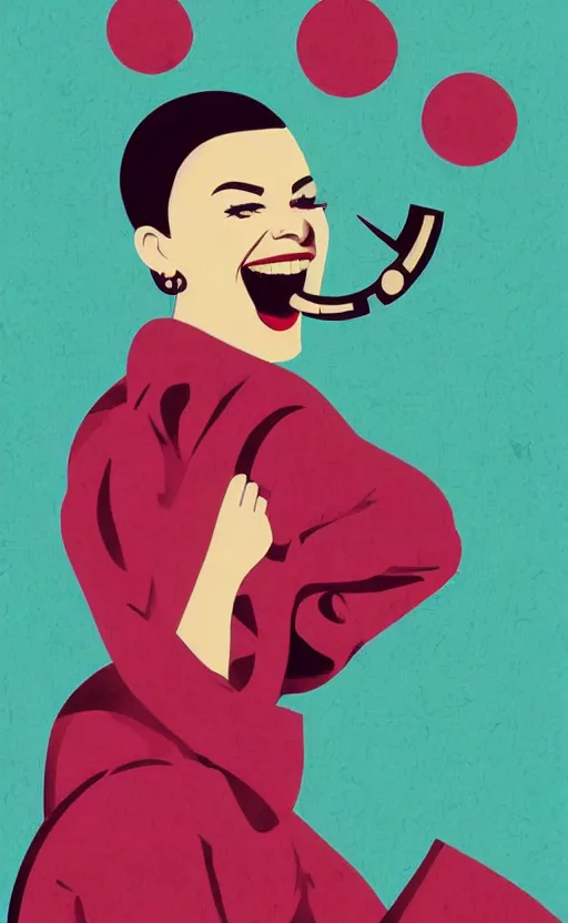 Image similar to illustration portrait of a woman with white buzzcut laughing out loud, art deco painting by tom whalen, by tomer hanukam funny meme photo, trending on behance, digital illustration, storybook illustration, grainy texture, flat shading, vector art, airbrush, pastel, watercolor, poster