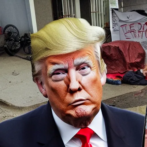 Image similar to donald trump dressed as a homeless man living in the slums