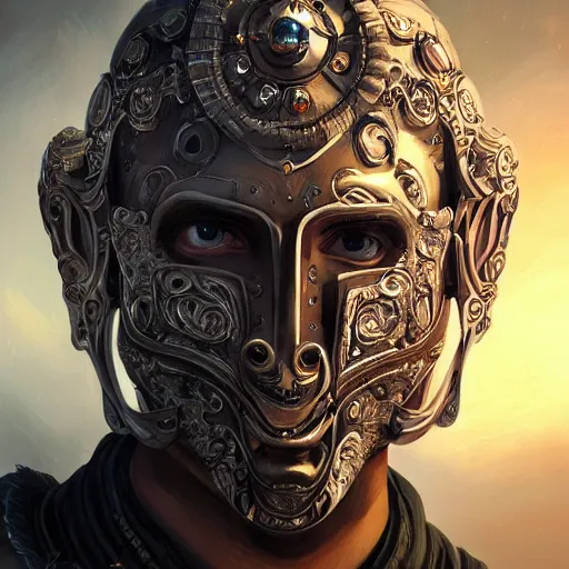 Image similar to Very very very very highly detailed epic photo of face with beautiful ornamental venetian mask, intricate, dystopian, sci-fi, extremely detailed, digital painting, artstation, concept art, smooth, sharp focus, illustration, intimidating lighting, incredible art by Artgerm and Vincent di Fate and Anton Pieck