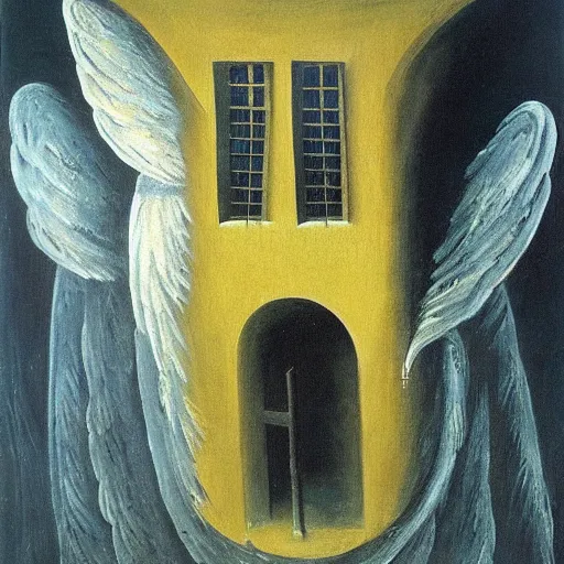 Image similar to an original painting by remedios varo, a building surrounded by angels