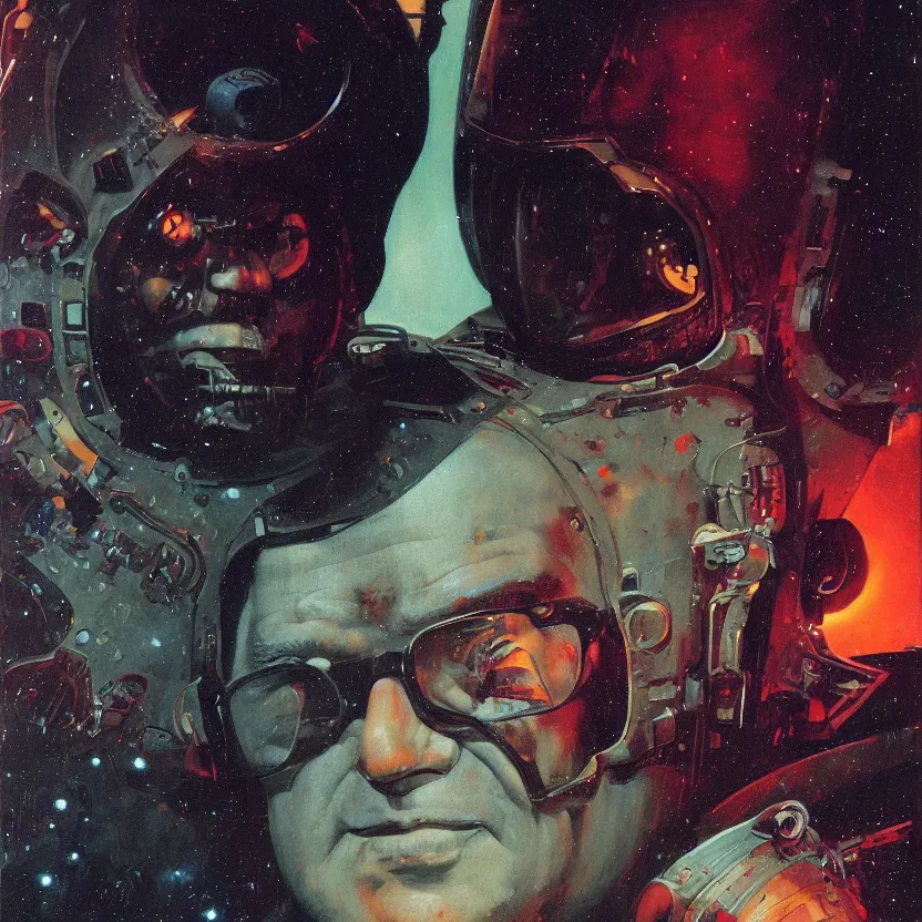 Image similar to a dark close - up portrait of retrofuturistic bill hicks in space. reflective detailed textures. soft gloomy dark background. highly detailed fantasy science fiction painting by moebius, norman rockwell, frank frazetta, and syd mead. rich colors, high contrast. artstation