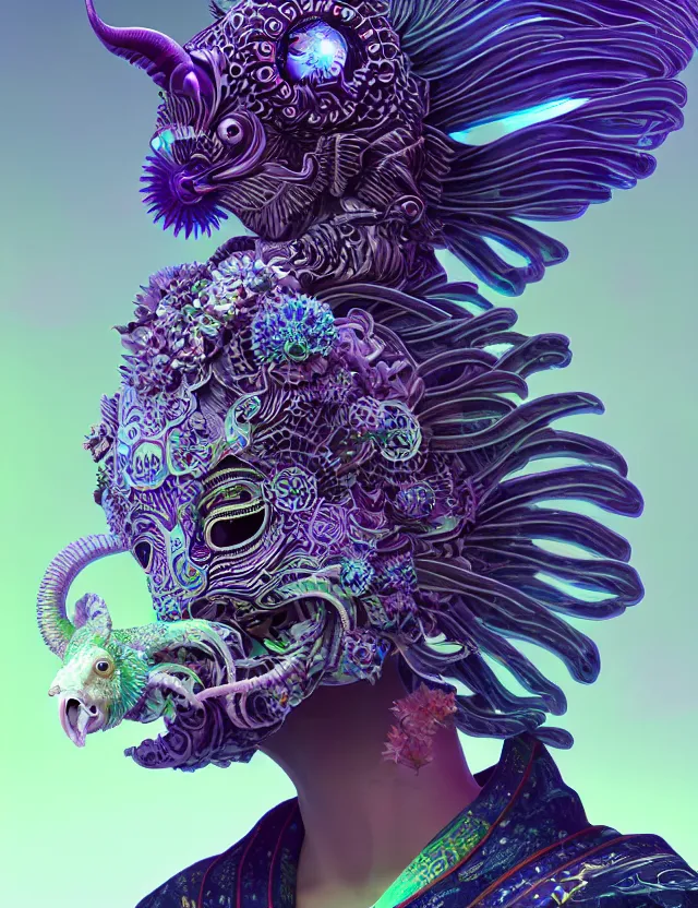 Image similar to 3 d goddess close - up profile solarpunk portrait ram skull. beautiful intricately detailed japanese crow kitsune mask and clasical japanese kimono. betta fish, jellyfish phoenix, bio luminescent, plasma, ice, water, wind, creature, artwork by tooth wu and wlop and beeple and greg rutkowski