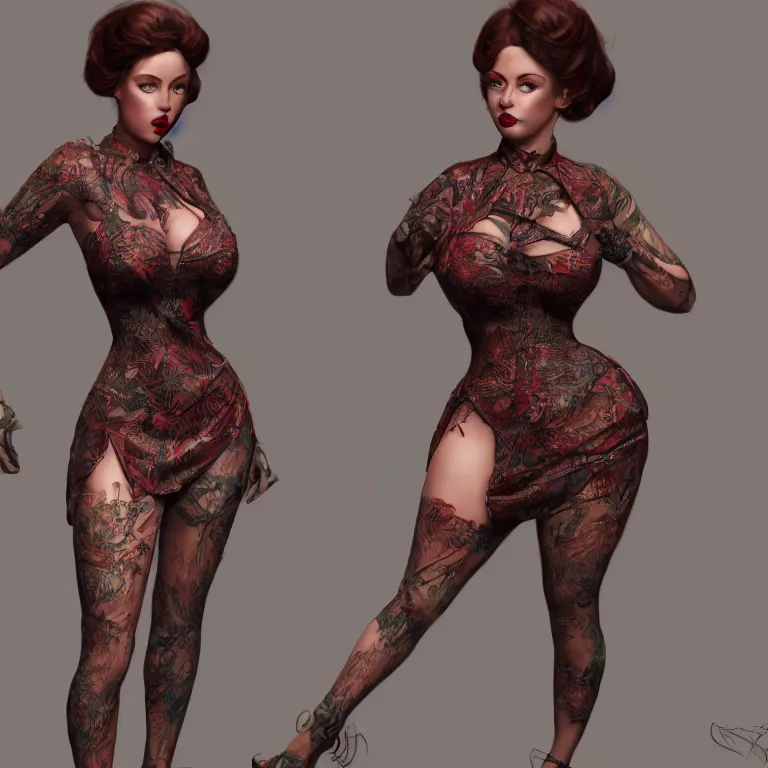 Image similar to a hyperrealistic rendering full body concept, model of a pinup with a beautiful face and full intricate clothing, deep color, cryengine render 8 k, extreme detail, dynamic pose