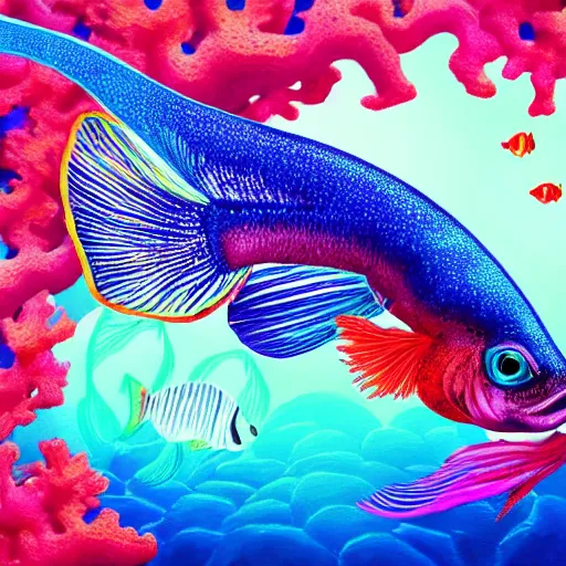 Image similar to coral underwater colorful, fantasy, intricate, highly detailed, little fish and sea life digital painting, hd, trending on artstation, illustration, fine lines, sharp edges, colourful, siamese fighting fish