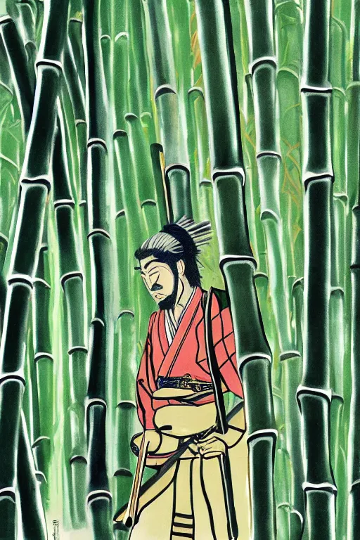 Image similar to close up of samurai warrior in a bamboo forest, an illustration by joe david benzal