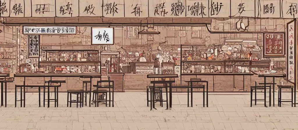 Image similar to a beautiful simple 4 k hd wallpaper illustration of interior view display of the corner of roasted string hotpot shop, simple style, from china, with merchant logo, simple structure, surrealistic, chinese style, victo ngai, james jean, denoise, deblurring