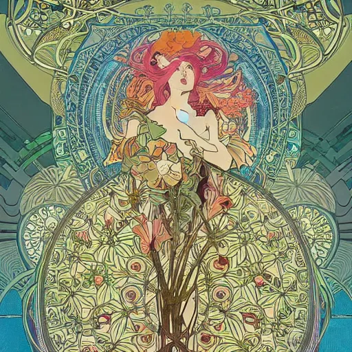 Prompt: psychedelic alphonse mucha victo ngai beautiful cybernetic flower field