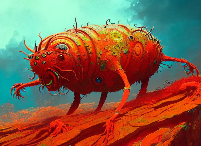 Prompt: A psychedelic geonid rust monster, vibrant color scheme, highly detailed, in the style of romanticism, cinematic, artstation, Moebius, Greg rutkowski