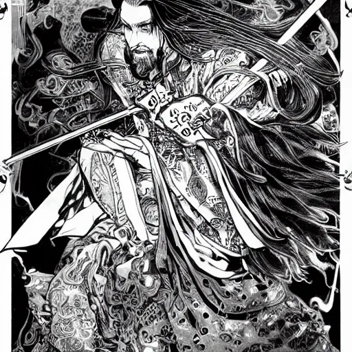 Prompt: highly detailed perspective drawing black and white goetic pen and ink manga panel by hiroya oku!! mucha illustrated sorcerer beautiful attractive long hair ringo starr fxv flowing ritual royal!!! vagabond! manga panel swords dramatic esoteric!!!!!! long hair flowing dancing illustrated in high detail by frank miller, shonen jump