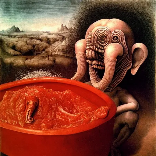 Image similar to a boy like eraserhead and elephant man sitting in a tub full of tomato sauce, looking straight into camera, screaming in desperation, by giuseppe arcimboldo and ambrosius benson, renaissance, fruit, intricate and intense oil paint, a touch of beksinski and hr giger, realistic