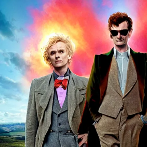 Image similar to film still from the show good omens