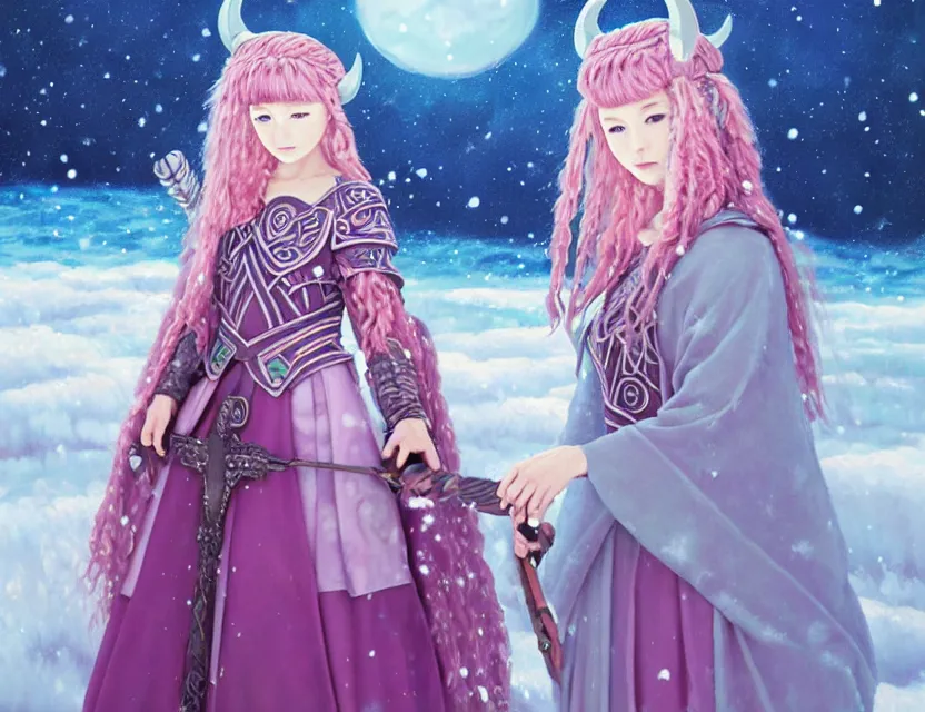 Prompt: viking scifi princess of the snowy mountains, wearing a lovely dress with vaporwave details. this oil painting by the award - winning mangaka has an interesting color scheme and impeccable lighting.