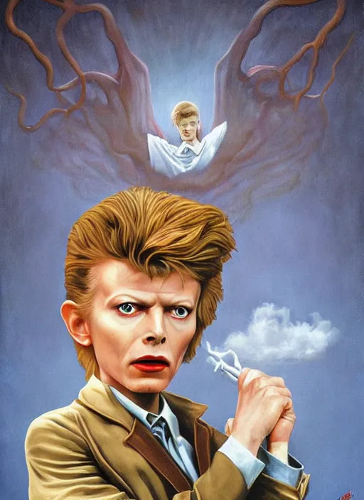 Image similar to twin peaks poster art, portrait of david bowie meets the little boy who is the prince of darkness, by michael whelan, rossetti bouguereau, artgerm, retro, nostalgic, old fashioned