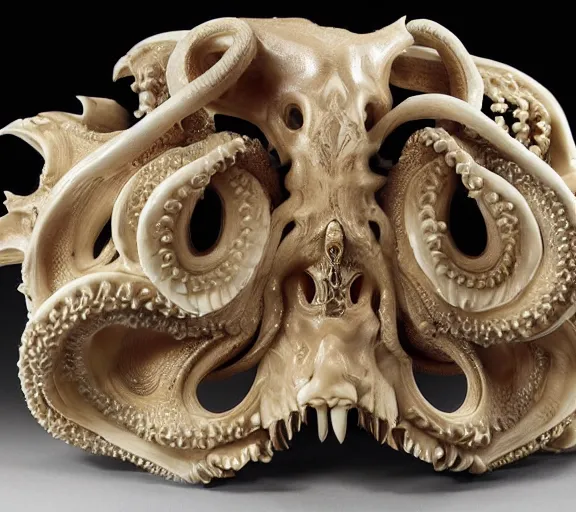 Image similar to an intricately detailed carving in an human - octopus skull, rococo ornate bone and ivory sculpted skull with teeth and tentacles, horror, artifact, micro detailed, inscribed with occult symbols, otherworldly