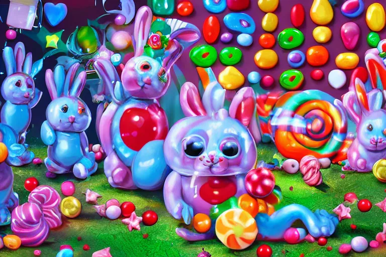 Prompt: an epic fantastic realism comic book style painting of an enchanted dreamland of cute candy critters, gumdrop bunnies, candy cane serpents and castles made of sweets galore, cinema 4 d, hd, dynamic lighting