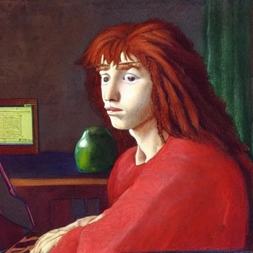 Image similar to a red-haired long-haired teenage boy sitting at a computer, lions around him, painting by Donatello