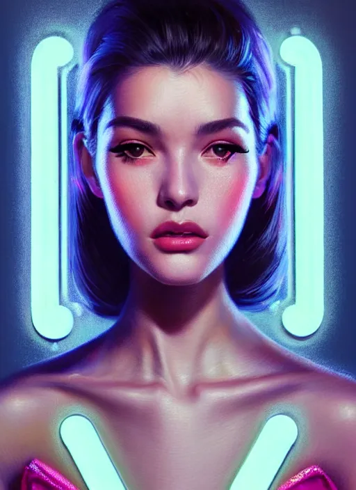 Prompt: photorealistic portrait of female humanoid, highly intricate, retro 6 0 s fashion, elegant, highly detailed, crispy quality and cyber neon light reflections, trending in artstation, trending in pinterest, glamor pose, sharp focus, no signature, no watermark, art by artgerm and greg rutkowski