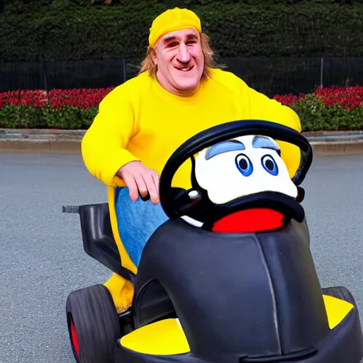 Prompt: Gérard Depardieu as Wario, yellow overall, yellow cap, the letter W, in a kart